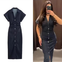 Midi-jurk met knoopsluiting voor dames | Korte mouwen met ruches