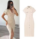 Midi-jurk met knoopsluiting voor dames | Korte mouwen met ruches