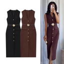 Midi-jurk met knoopdetails voor dames | Ontwerp met hoge taille