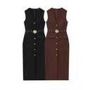 Midi-jurk met knoopdetails voor dames | Ontwerp met hoge taille