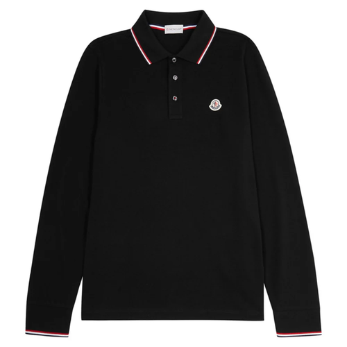 Moncler Men's Polo with Long Sleeves, Contrasting Finish and Logo Patch