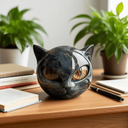 Zwarte Kattenkop Sculptuur Beeldje voor Gotische Huis- & Bureau Decoratie