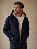 Heren Fleece Jas met Capuchon en Rits in Marineblauw, driekwart aanzicht