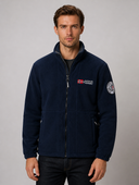 Man in navy blue fleece jacket with stand-up collar, front view
