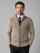 Heren Gebreid Vest met Rits en Kabelpatroon in Beige, voorkant