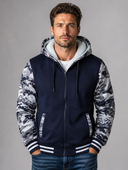 Heren Gevoerde Jas met Capuchon en Camouflagemouwen in Marineblauw - voorkant