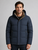 Heren Gewatteerde Winterjas met Capuchon en Warme Voering in Marineblauw - voorkant