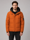 Heren Gewatteerde Winterparka met Capuchon in Oranje, vooraanzicht