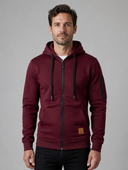 Heren hoodie met rits en capuchon in bordeaux, vooraanzicht