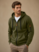 Heren Hoodie met Rits en Capuchon in Olijfgroen, driekwartaanzicht