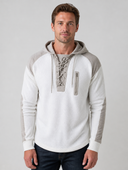 Heren Hoodie met Veterkraag en Wafelstructuur in Wit - voorkant