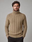 Man wearing a cable-knit turtleneck with wide ribbed collar in khaki, front view
