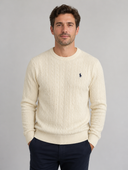 Heren Kabelgebreide Trui met Ronde Hals en Borduursel in Beige, voorkant