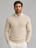 Heren Kabeltrui met Ronde Hals in Beige - voorkant