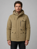 Man in khaki parka with pockets and fleece lining, front view