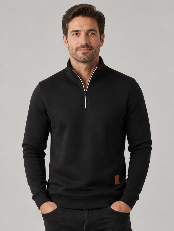Heren Sweater met Halve Rits en Opstaande Kraag in Zwart - voorkant