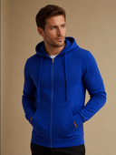 Man draagt heren sweatjas met rits, slim fit, driekwartsaanzicht