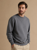Man in donkergrijze katoenen sweater met ronde hals, driekwart aanzicht