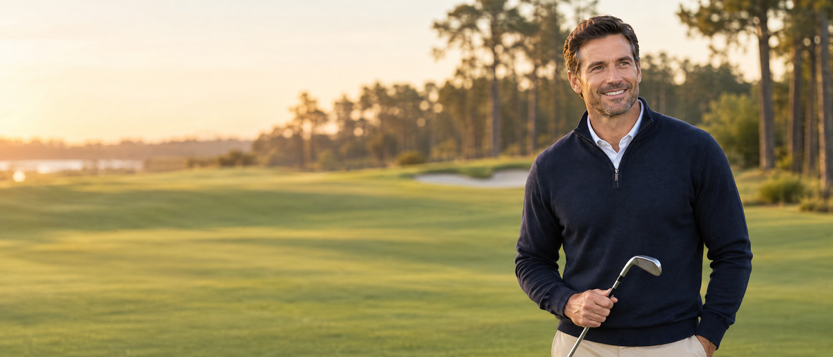 Smiling man in a navy quarter-zip sweater holding a golf club on a golf course at sunset