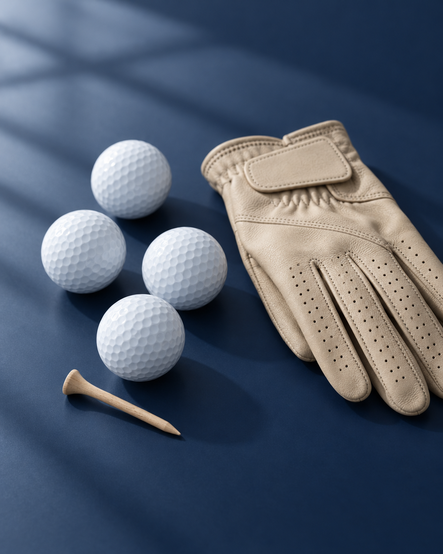 Golf balls, a sand-colored leather glove and a tee on a navy surface