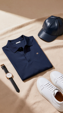 Stijlvolle flat-lay met polo, horloge en sneakers