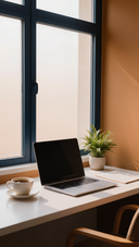Rustig servicebureau met laptop en koffie